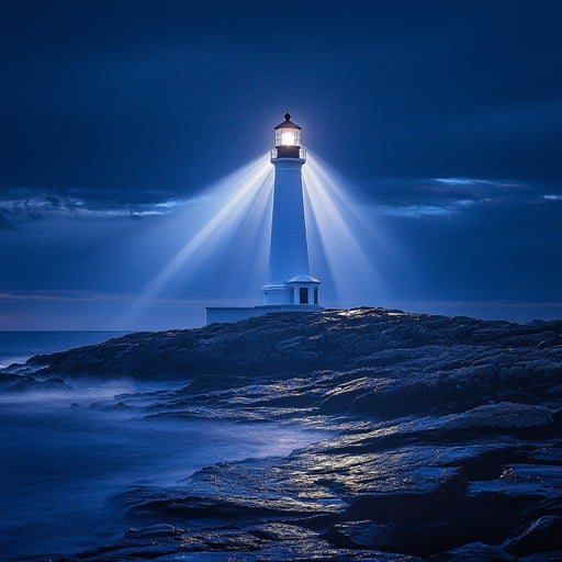 A lighthouse shining its beam out over the sea at night